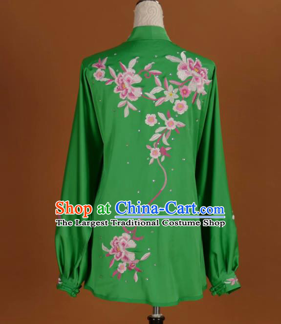 Chinese Tai Chi Embroidered Peony Green Garment Outfits Traditional Kung Fu Martial Arts Training Costumes for Women