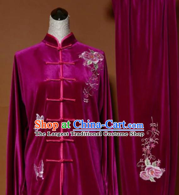 Chinese Tai Chi Embroidered Peony Butterfly Rosy Velvet Garment Outfits Traditional Kung Fu Martial Arts Training Costumes for Adult