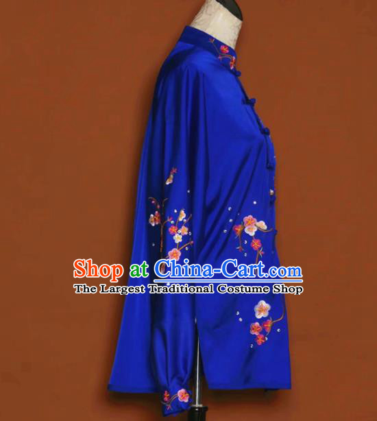 Chinese Tai Chi Embroidered Plum Royalblue Garment Outfits Traditional Kung Fu Martial Arts Training Costumes for Women