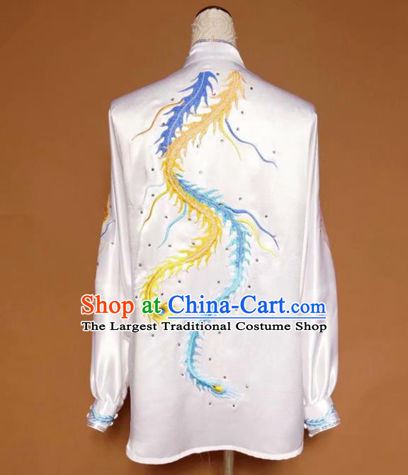 Chinese Tai Chi Embroidered Phoenix White Silk Garment Outfits Traditional Kung Fu Martial Arts Training Costumes for Women