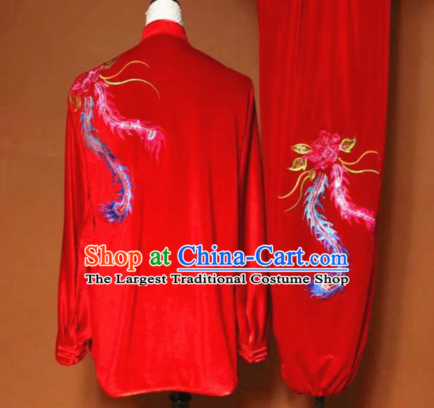 Chinese Tai Chi Embroidered Phoenix Red Velvet Garment Outfits Traditional Kung Fu Martial Arts Training Costumes for Women