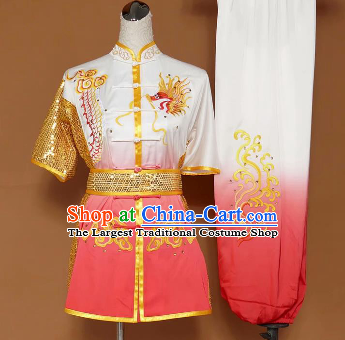 Chinese Tai Chi Changquan Embroidered Dragon Pink Garment Outfits Traditional Kung Fu Martial Arts Costumes for Adult