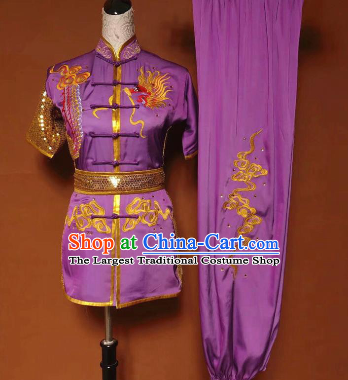 Chinese Tai Chi Changquan Embroidered Dragon Purple Garment Outfits Traditional Kung Fu Martial Arts Costumes for Adult