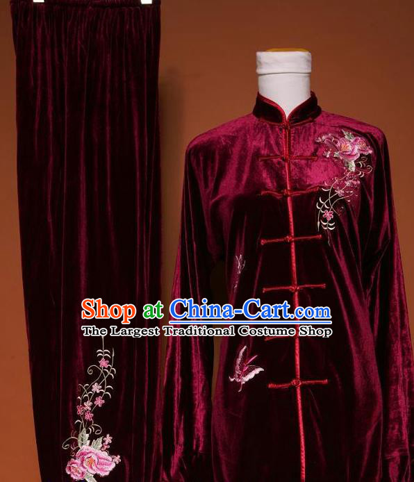 Chinese Tai Chi Embroidered Peony Butterfly Purplish Red Velvet Garment Outfits Traditional Kung Fu Martial Arts Training Costumes for Adult