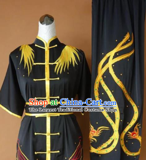 Chinese Tai Chi Changquan Embroidered Phoenix Black Garment Outfits Traditional Kung Fu Martial Arts Costumes for Adult