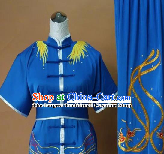 Chinese Tai Chi Changquan Embroidered Phoenix Royalblue Garment Outfits Traditional Kung Fu Martial Arts Costumes for Adult