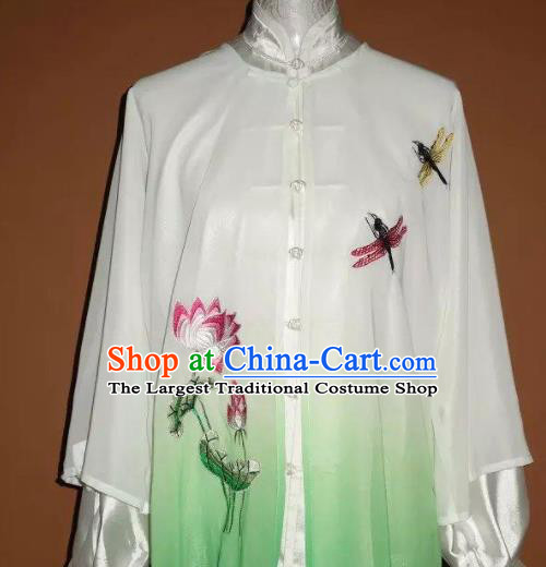 Chinese Tai Chi Changquan Embroidered Dragonfly Lotus Green Garment Outfits Traditional Kung Fu Martial Arts Costumes for Adult