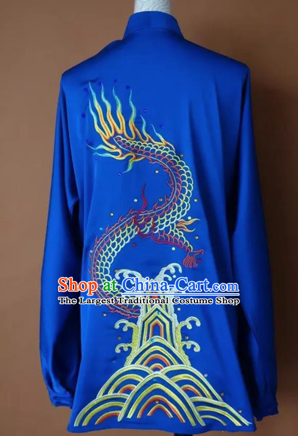 Chinese Martial Arts Changquan Embroidered Royalblue Silk Garment Outfits Traditional Tai Chi Kung Fu Costumes for Adult