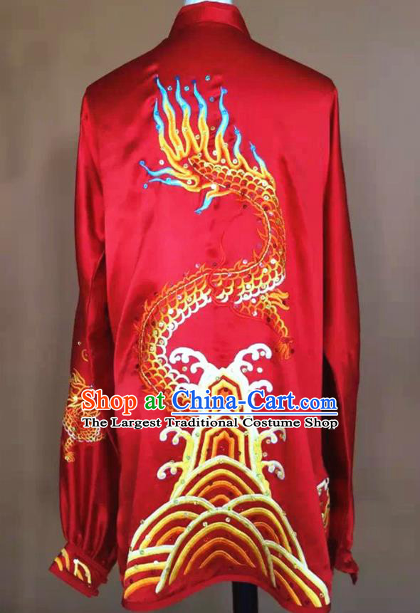 Chinese Martial Arts Changquan Embroidered Red Silk Garment Outfits Traditional Tai Chi Kung Fu Costumes for Adult
