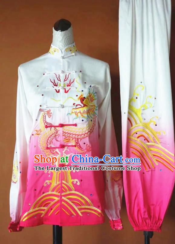 Chinese Martial Arts Changquan Embroidered Pink Silk Garment Outfits Traditional Tai Chi Kung Fu Costumes for Adult