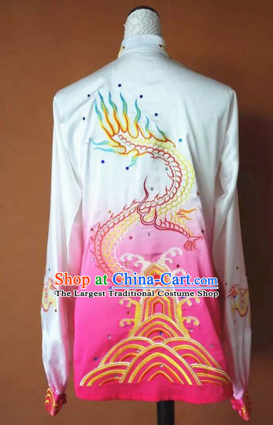 Chinese Martial Arts Changquan Embroidered Pink Silk Garment Outfits Traditional Tai Chi Kung Fu Costumes for Adult