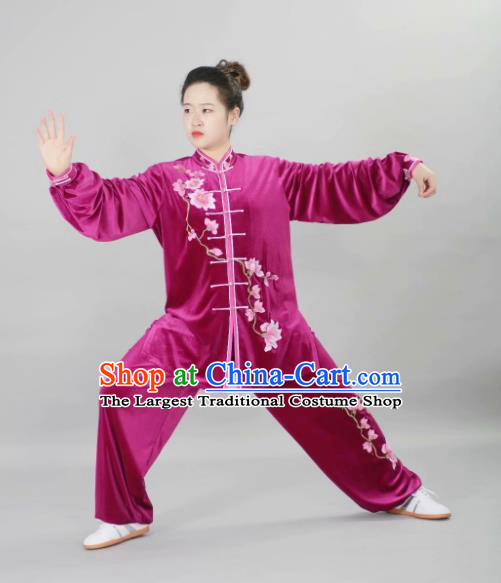 Chinese Tai Chi Embroidered Magnolia Rosy Velvet Garment Outfits Traditional Kung Fu Martial Arts Training Costumes for Adult