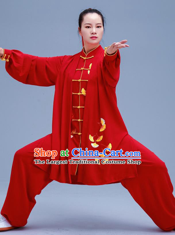 Chinese Traditional Kung Fu Embroidered Ginkgo Leaf Red Outfits Martial Arts Competition Costumes for Women
