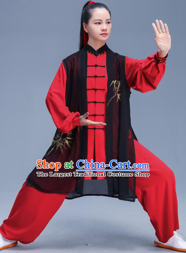 Chinese Traditional Kung Fu Printing Bamboo Red Outfits Martial Arts Competition Costumes for Women