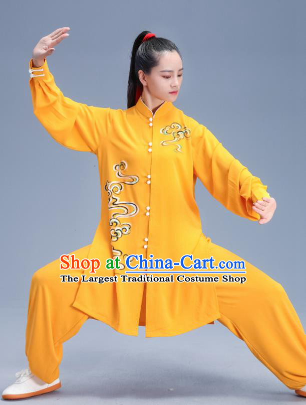 Chinese Traditional Kung Fu Competition Printing Yellow Outfits Martial Arts Stage Show Costumes for Women