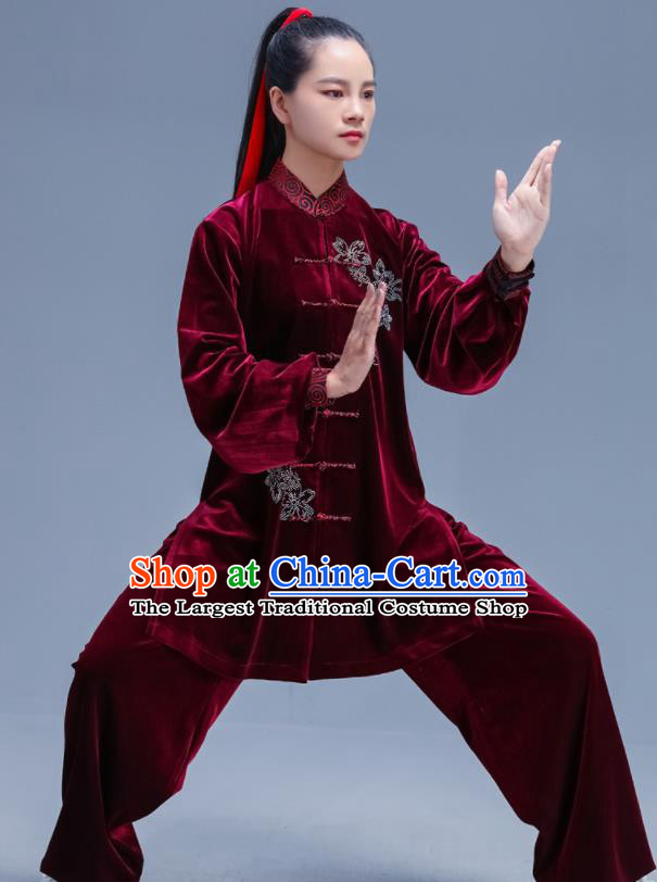 Chinese Traditional Kung Fu Competition Wine Red Velvet Outfits Martial Arts Stage Show Costumes for Women