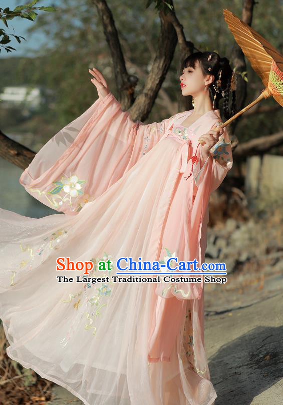 Traditional Chinese Song Dynasty Patrician Lady Pink Hanfu Dress Ancient Royal Princess Embroidered Costumes for Women