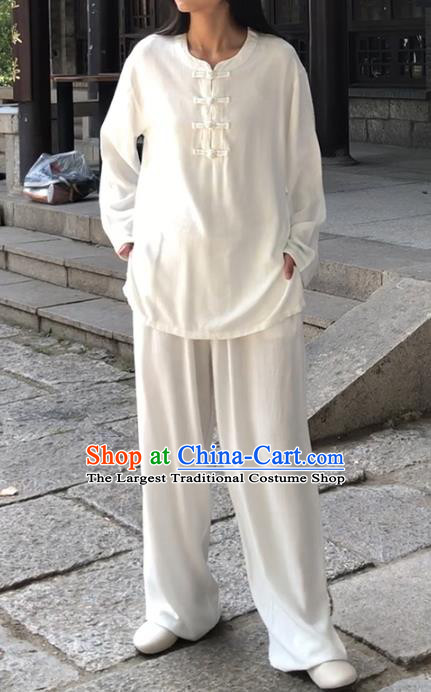 Chinese Martial Arts White Flax Garment Outfits Traditional Tai Chi Kung Fu Costumes for Adult