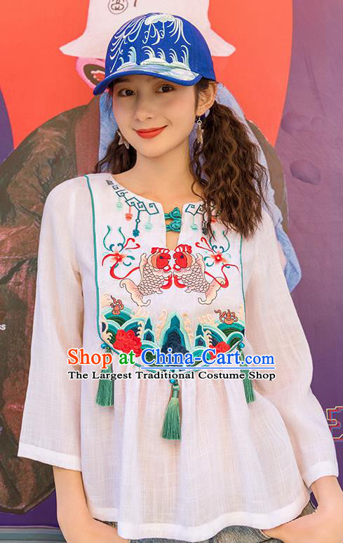 Chinese Embroidered Carps White Shirt Upper Outer Garment Traditional Tang Suit Costume for Women