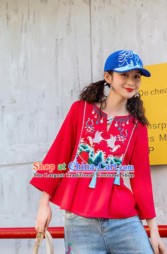 Chinese Embroidered Carps Red Shirt Upper Outer Garment Traditional Tang Suit Costume for Women