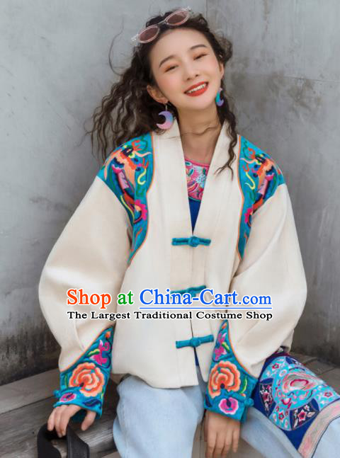 Chinese Traditional Embroidered Peony Beige Jacket National Overcoat Costumes for Women