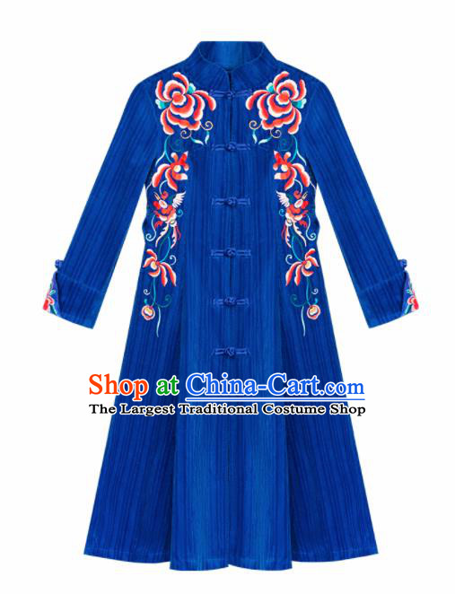 Chinese Traditional Embroidered Royalblue Dust Coat National Overcoat Costumes for Women