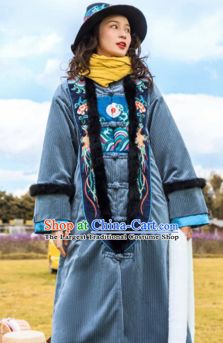 Chinese Traditional Embroidered Grey Cotton Padded Dust Coat National Overcoat Costumes for Women