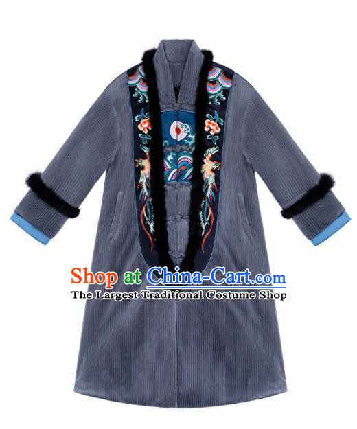 Chinese Traditional Embroidered Grey Cotton Padded Dust Coat National Overcoat Costumes for Women