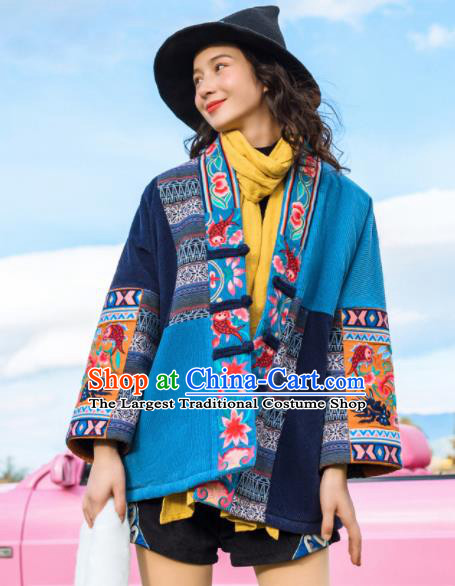 Chinese Traditional Embroidered Blue Cotton Padded Jacket National Overcoat Costumes for Women