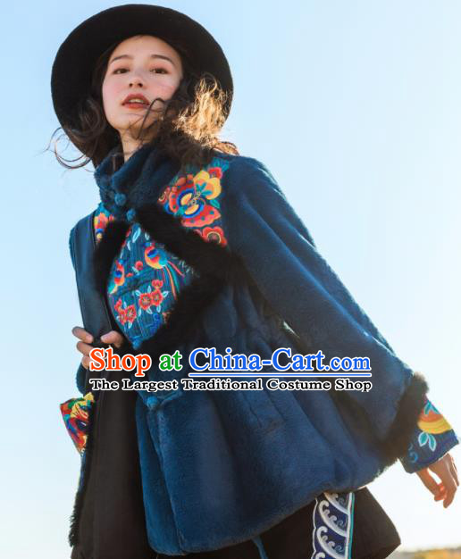 Chinese Traditional Embroidered Blue Imitation Fur Jacket National Overcoat Costumes for Women