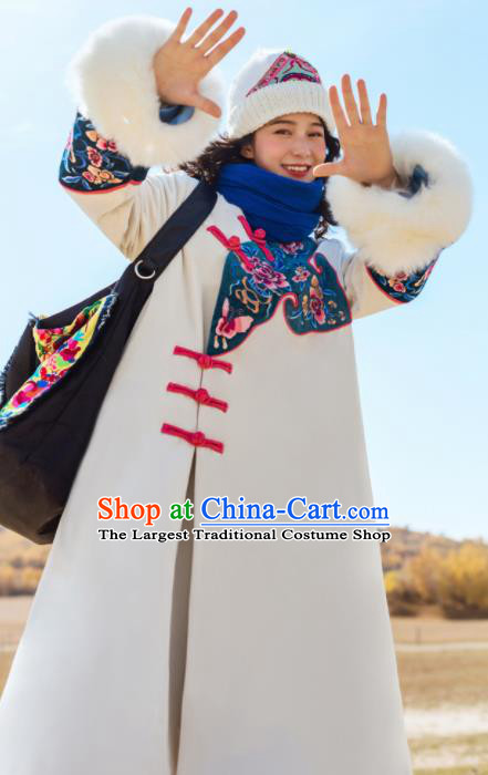 Chinese Traditional Embroidered Peony White Woolen Dust Coat National Overcoat Costumes for Women