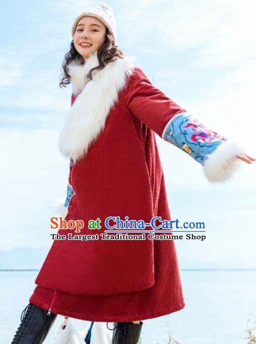 Chinese Traditional Embroidered Red Corduroy Dust Coat National Overcoat Costumes for Women