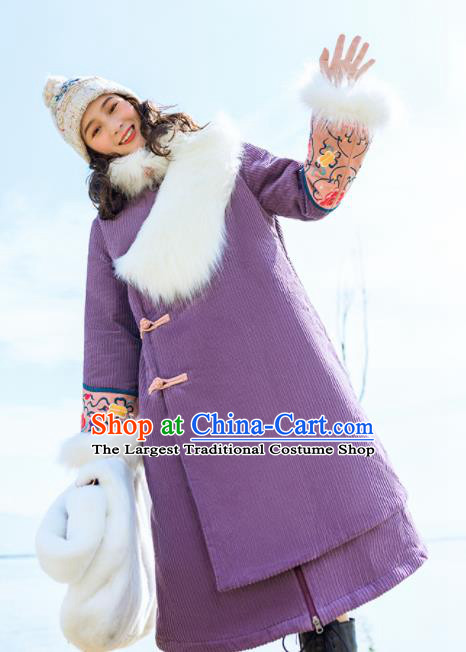 Chinese Traditional Embroidered Purple Corduroy Dust Coat National Overcoat Costumes for Women