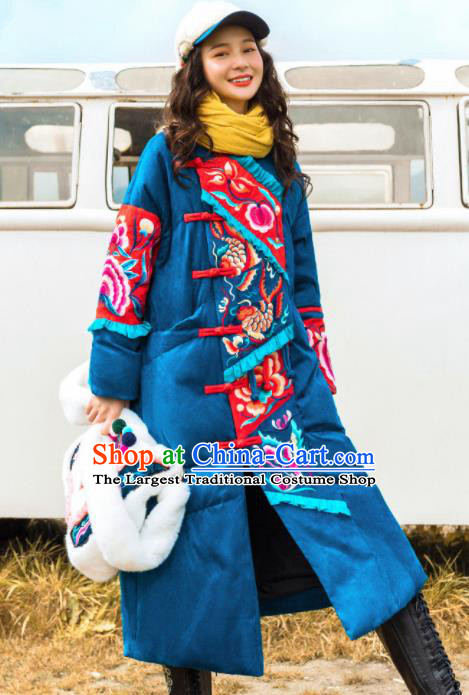 Chinese Traditional Embroidered Blue Cotton Padded Coat National Overcoat Costumes for Women