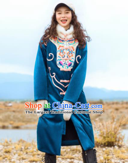 Chinese Traditional Winter Embroidered Blue Dust Coat National Tang Suit Overcoat Costumes for Women