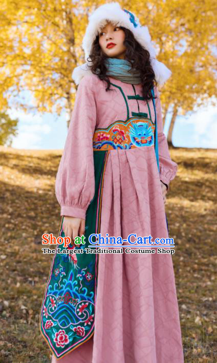 Chinese Traditional Embroidered Dragon Pink Dress National Tang Suit Costumes for Women