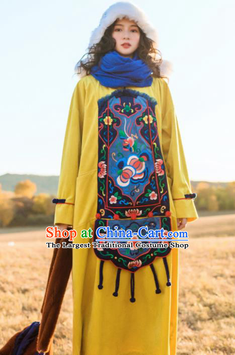 Chinese Traditional Embroidered Yellow Dress National Cheongsam Costumes for Women