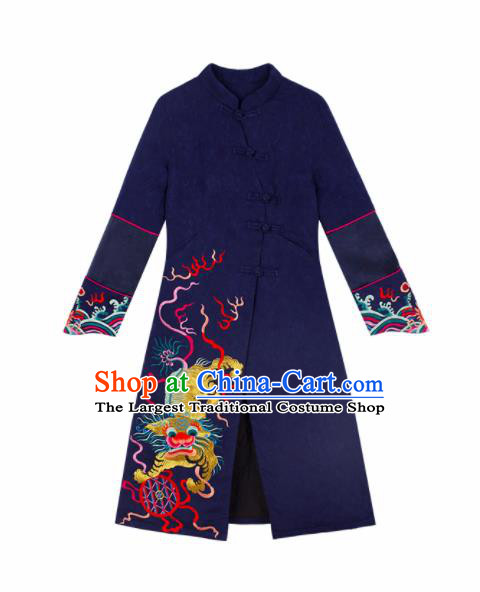 Chinese Traditional Winter Embroidered Lion Navy Dust Coat National Tang Suit Overcoat Costumes for Women