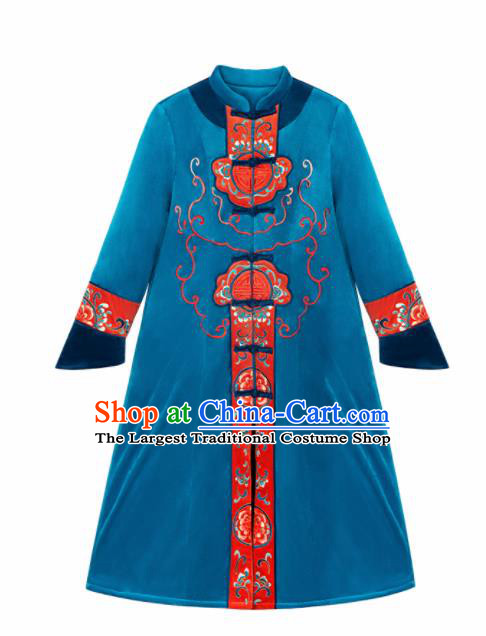 Chinese Traditional Winter Embroidered Blue Velvet Dust Coat National Tang Suit Overcoat Costumes for Women