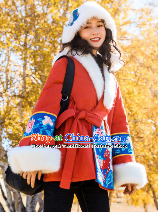 Chinese Traditional Embroidered Red Jacket National Tang Suit Overcoat Costumes for Women