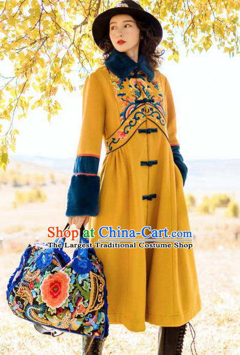 Chinese Traditional Embroidered Ginger Woolen Dust Coat National Tang Suit Overcoat Costumes for Women