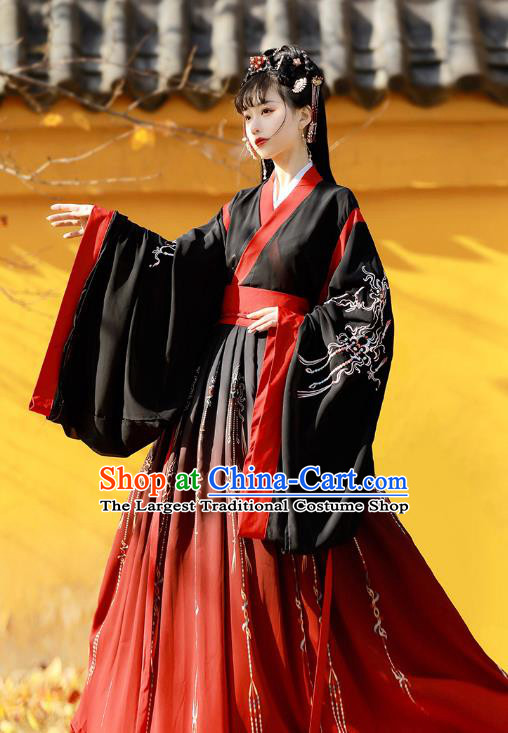 Traditional Chinese Jin Dynasty Patrician Lady Black Hanfu Dress Ancient Royal Princess Embroidered Costumes for Women
