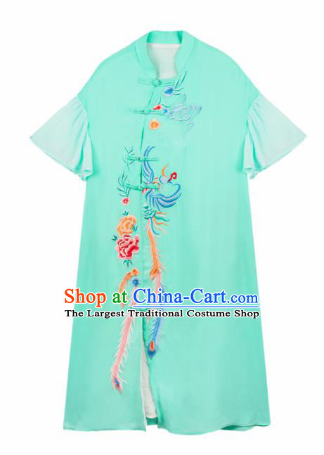 Chinese Traditional Embroidered Phoenix Peony Green Qipao Dress National Tang Suit Cheongsam Costumes for Women