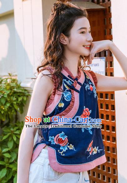 Chinese Traditional Embroidered Peony Navy Vest National Upper Outer Garment Tang Suit Waistcoat Costume for Women