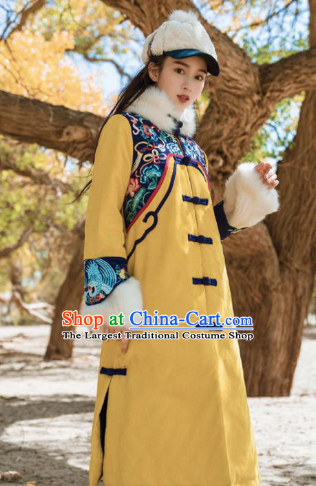 Chinese Traditional Winter Embroidered Yellow Cotton Padded Coat National Tang Suit Overcoat Costumes for Women