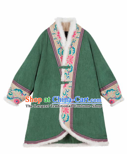 Chinese Traditional Winter Embroidered Green Cotton Padded Coat National Tang Suit Overcoat Costumes for Women