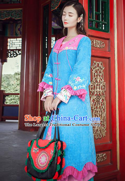 Chinese Traditional Winter Embroidered Blue Cotton Padded Coat National Tang Suit Overcoat Costumes for Women