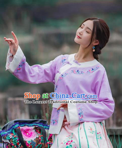 Chinese Traditional Embroidered Lilac Shirt National Upper Outer Garment Tang Suit Costume for Women