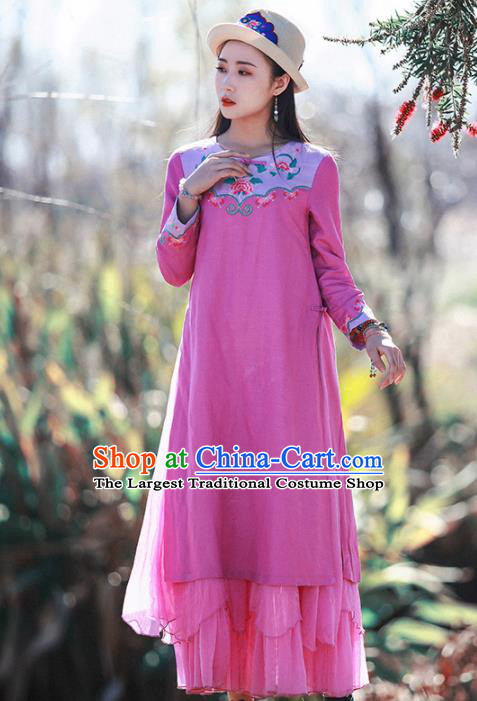 Chinese Traditional Embroidered Rosy Dress National Tang Suit Cheongsam Costumes for Women