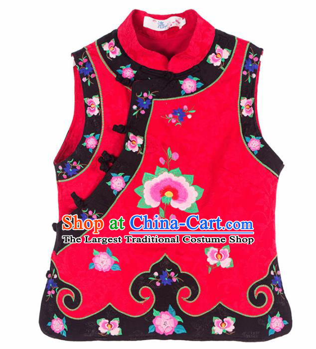 Chinese Traditional Embroidered Red Vest National Upper Outer Garment Tang Suit Costume for Women